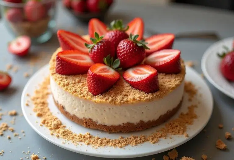 Final presentation of a luscious strawberry cheesecake surrounded by strawberries, showcasing a perfect dessert for strawberry cheesecake lovers.
