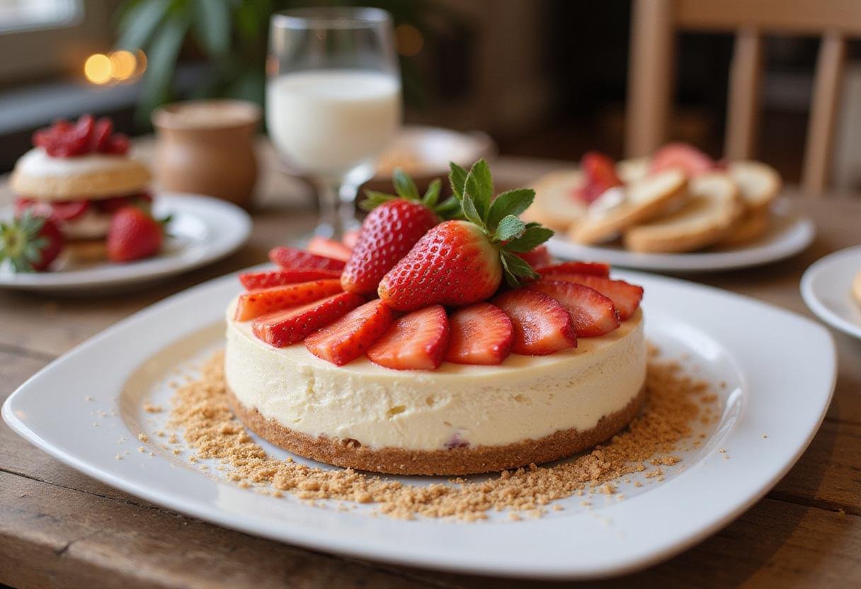 Final presentation of a luscious strawberry cheesecake surrounded by strawberries, showcasing a perfect dessert for strawberry cheesecake lovers.