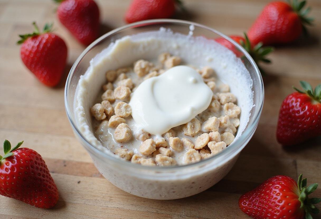 Strawberry cheesecake overnight oats preparation with fresh strawberries, creamy yogurt, and rolled oats on a wooden countertop.