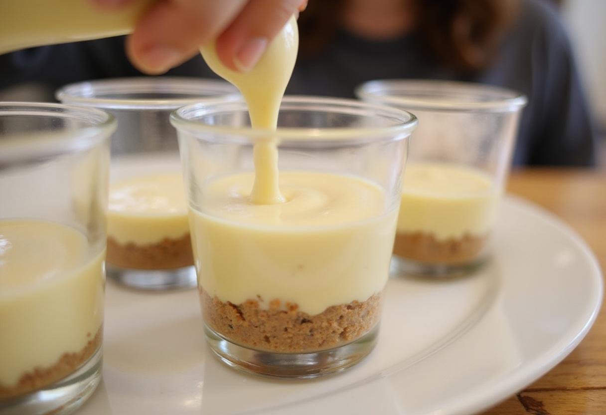 Preparing strawberry cheesecake cups with a creamy filling poured into individual cups, emphasizing the graham cracker crust.