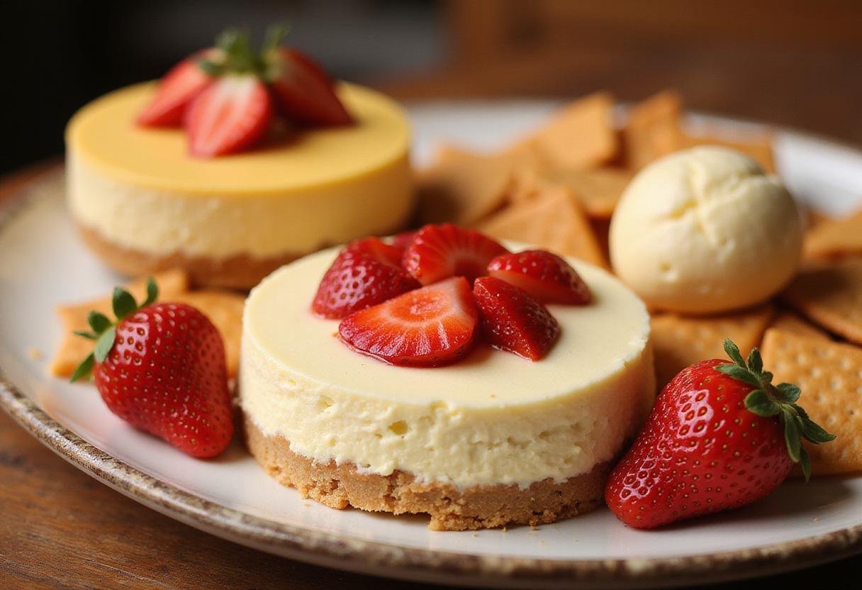 An appealing display of strawberry cheesecake inspired dishes including cheesecake dip, cheesecake ball, and garnished with strawberries.