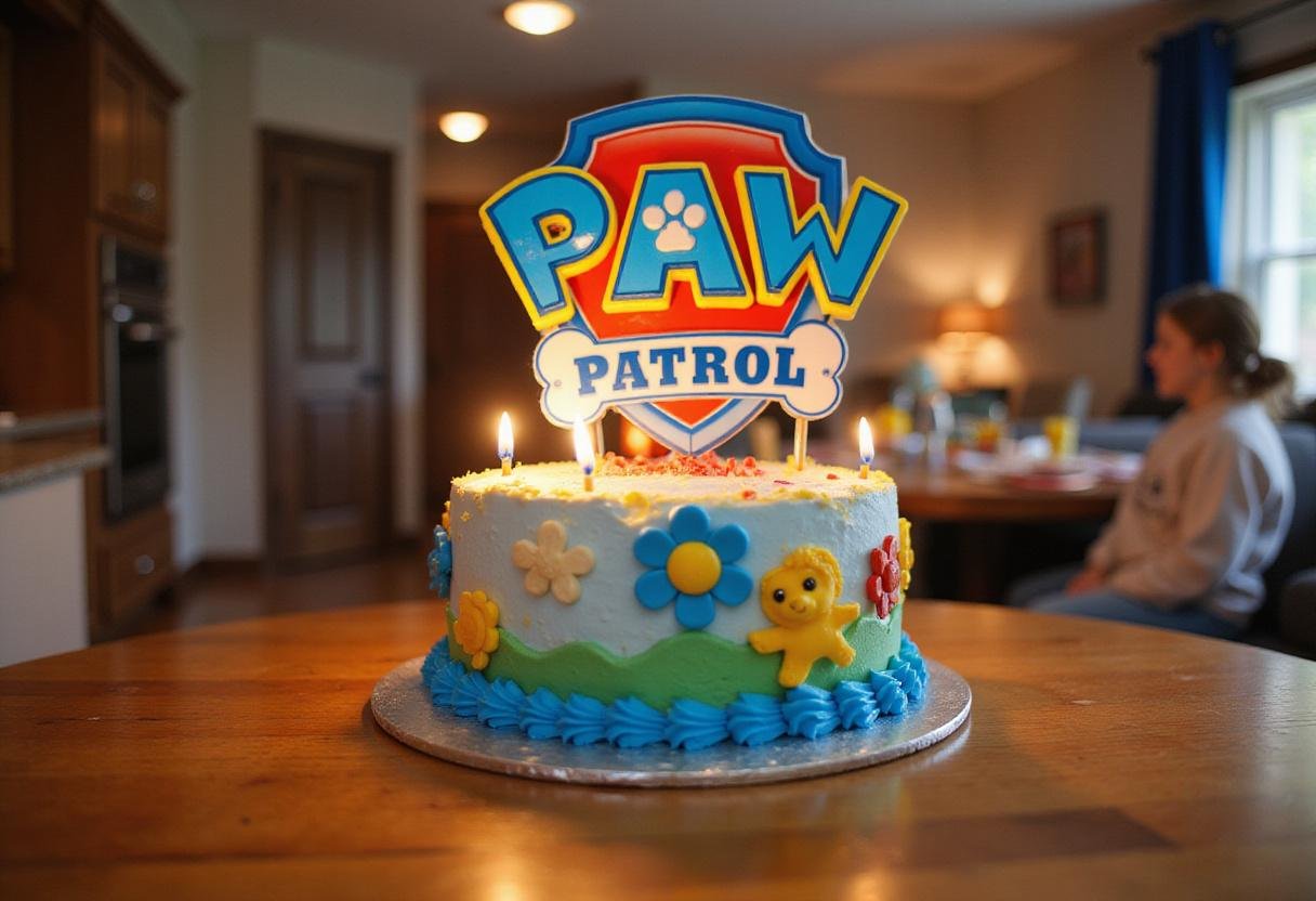 A stunning paw patrol birthday cake displayed on a table, perfect for a birthday celebration, surrounded by festive decorations and candles.