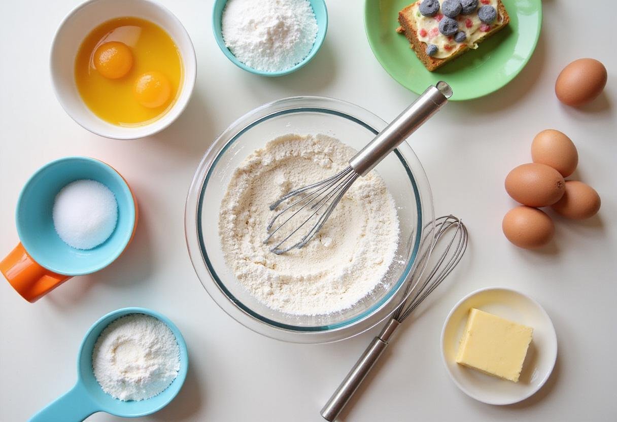 Ingredients for a paw patrol birthday cake, including flour, sugar, and butter, beautifully arranged on a kitchen counter.