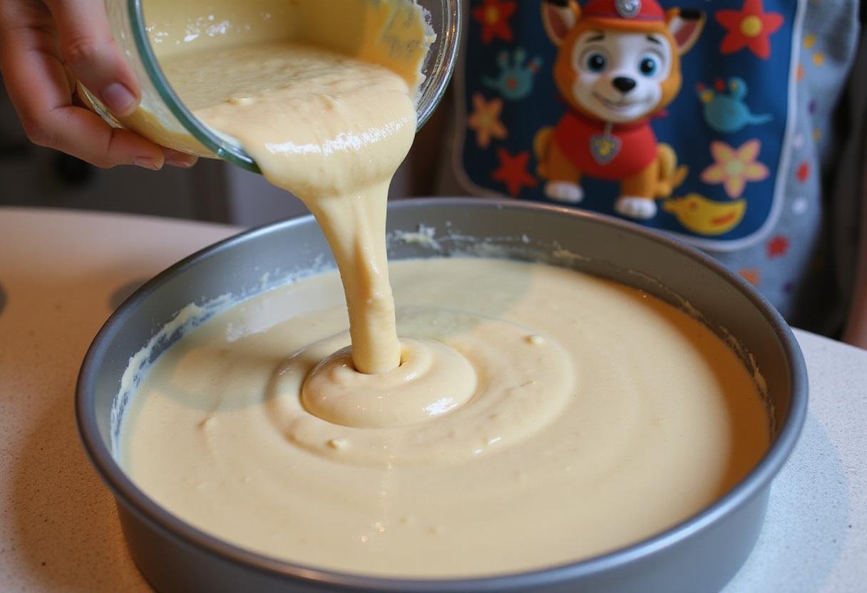 Pouring batter into a cake pan for a paw patrol birthday cake, surrounded by colorful decorations and a playful kitchen atmosphere.