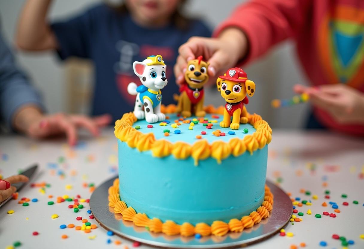 Decorating a paw patrol birthday cake with colorful frosting and fun cake toppers, creating a festive party vibe in the kitchen.