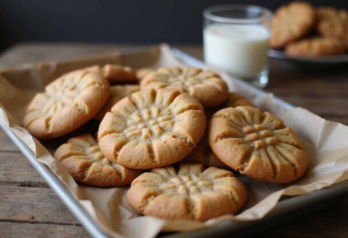 Golden-brown peanut butter cookies without eggs, served fresh for a delightful treat.