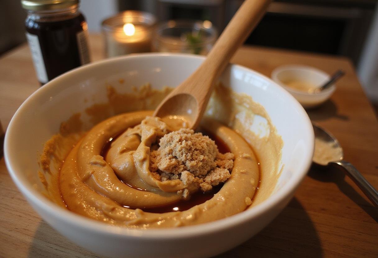 Mixing creamy peanut butter with brown sugar for a peanut butter cookie recipe no eggs.