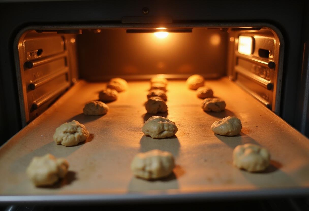 Placing cookie dough balls on a baking sheet, showcasing the preparation process for peanut butter cookie recipe without eggs.