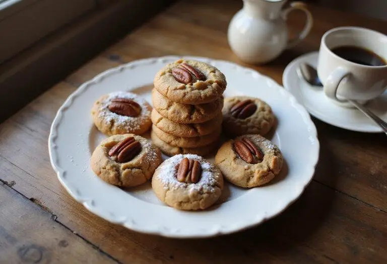 Coconut pecan cookie recipe presented on a plate, showcasing irresistible pecan cookies garnished with powdered sugar for a delightful finish.