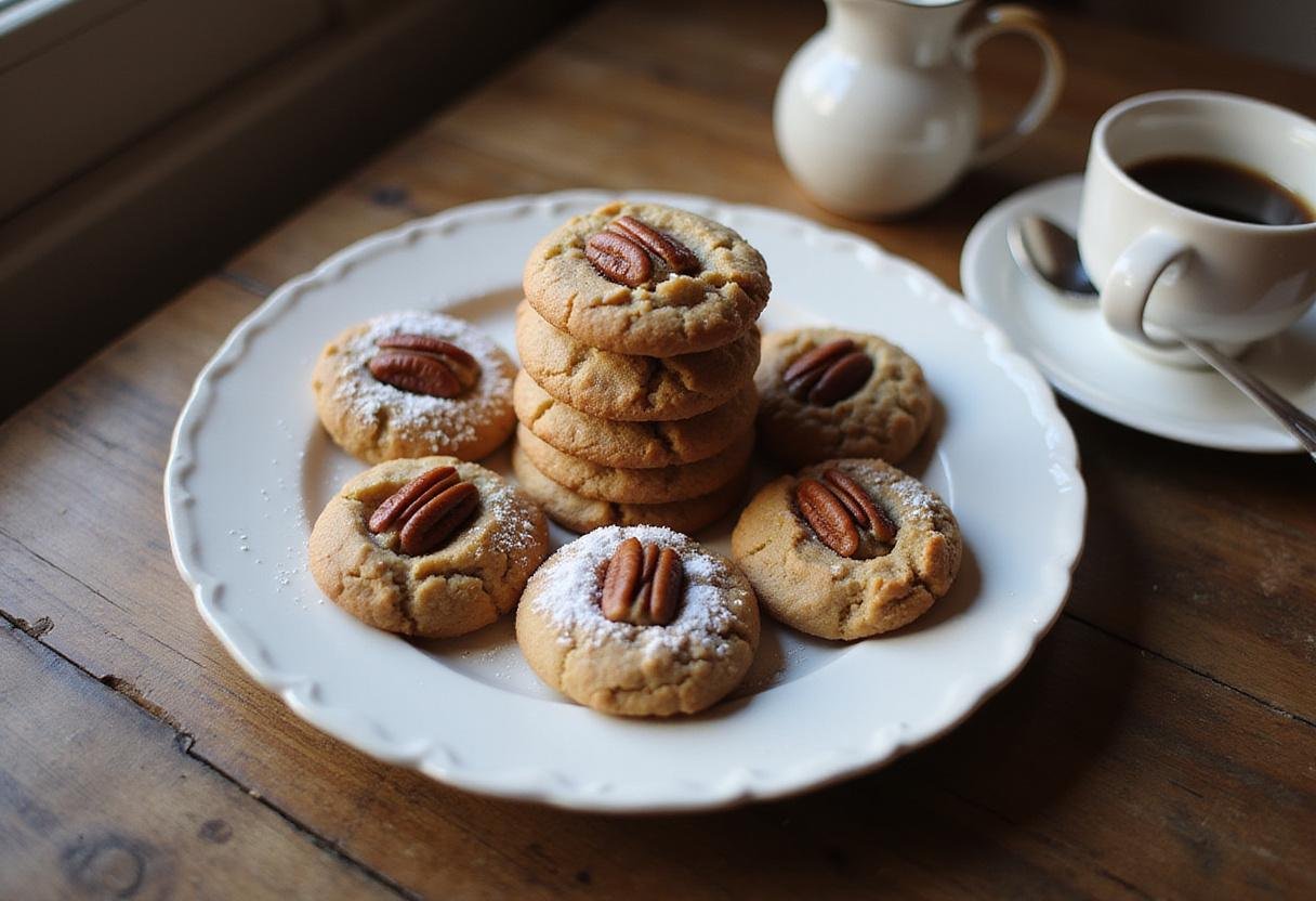 Coconut pecan cookie recipe presented on a plate, showcasing irresistible pecan cookies garnished with powdered sugar for a delightful finish.