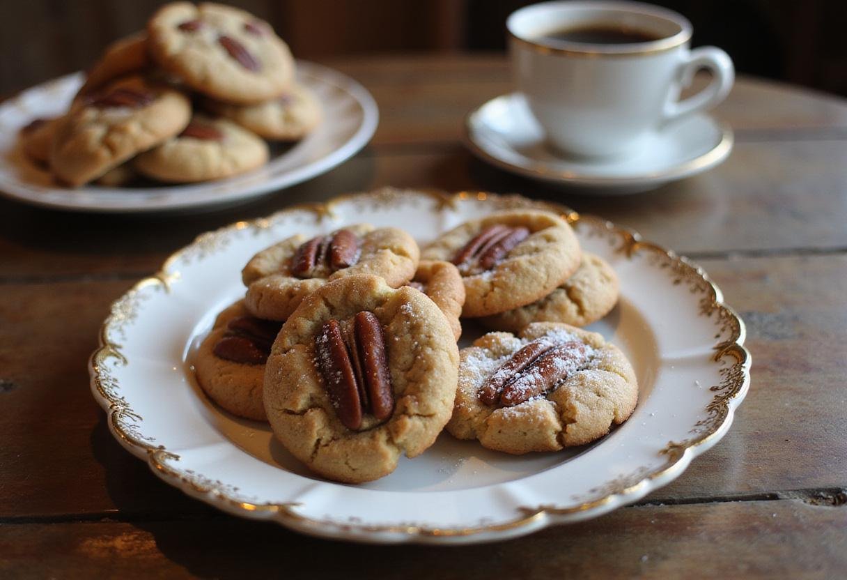 Coconut pecan cookie recipe presented on a plate, showcasing irresistible pecan cookies garnished with powdered sugar for a delightful finish.