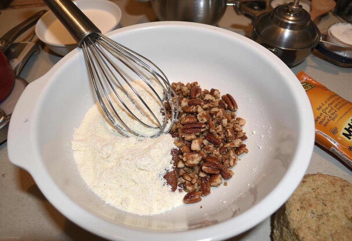 Pecan cookies recipe ingredients in mixing bowl with flour, sugar, and pecans for delicious cookie preparation.