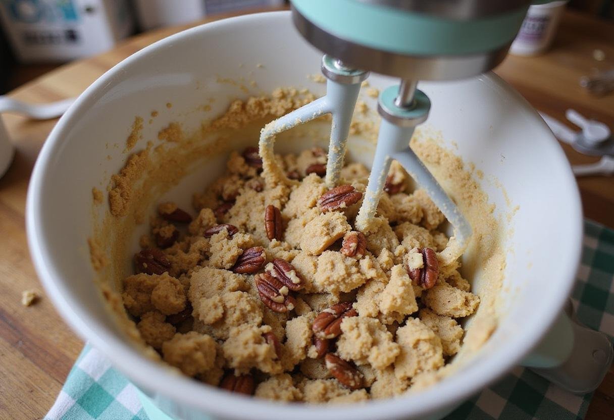 Pecan pie cookies recipe being mixed in a bowl with butter and sugar creating a creamy dough with pecans.