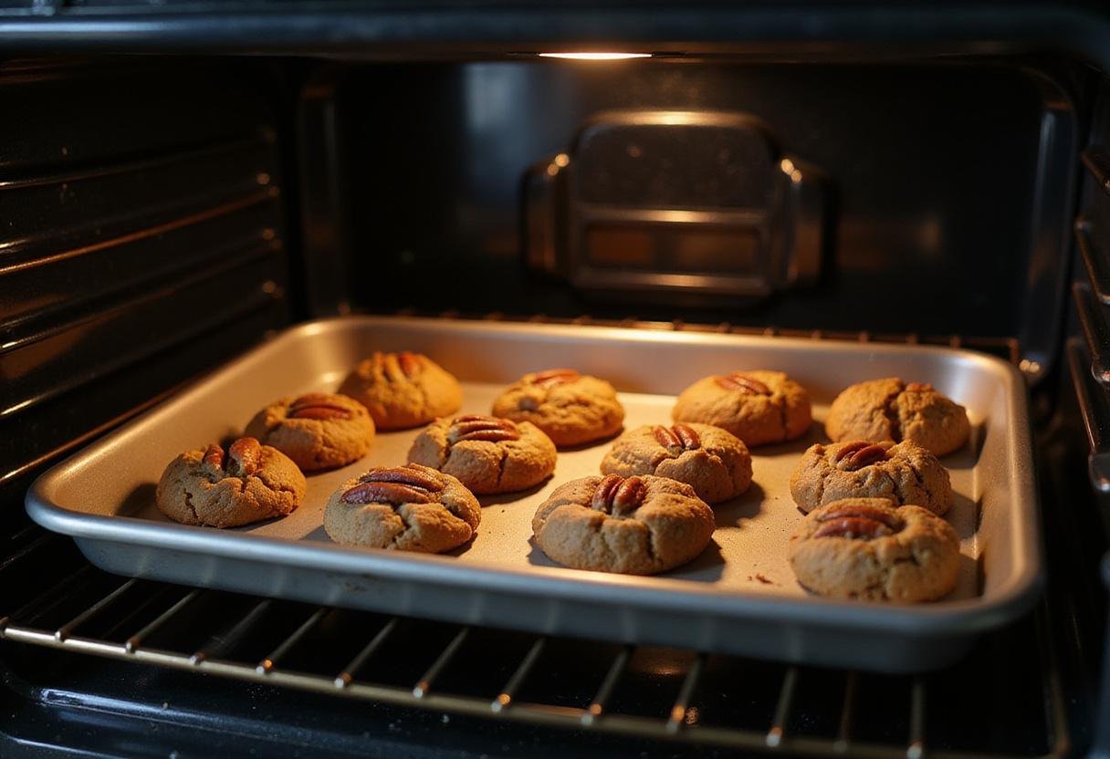 Freshly baked pecan cookie recipes in the oven, showcasing golden-brown baked treats with a delicious aroma.