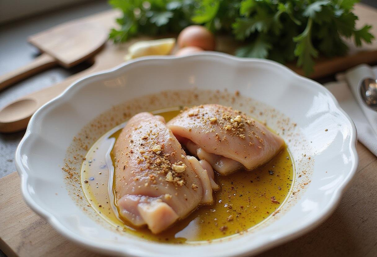 Marinating boneless skinless chicken thighs in spices and olive oil for a delicious air fryer recipe.