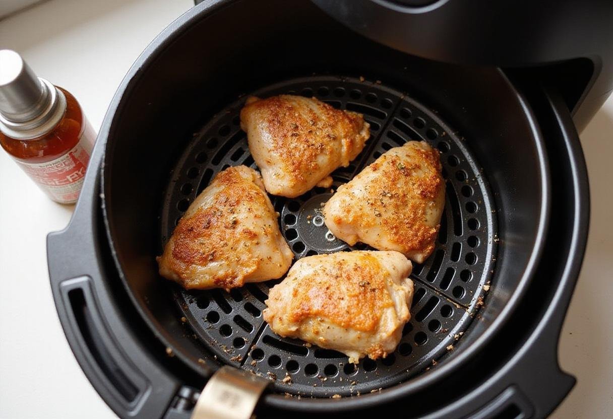 Placing seasoned chicken thighs in an air fryer for the perfect cook time and crisp texture.
