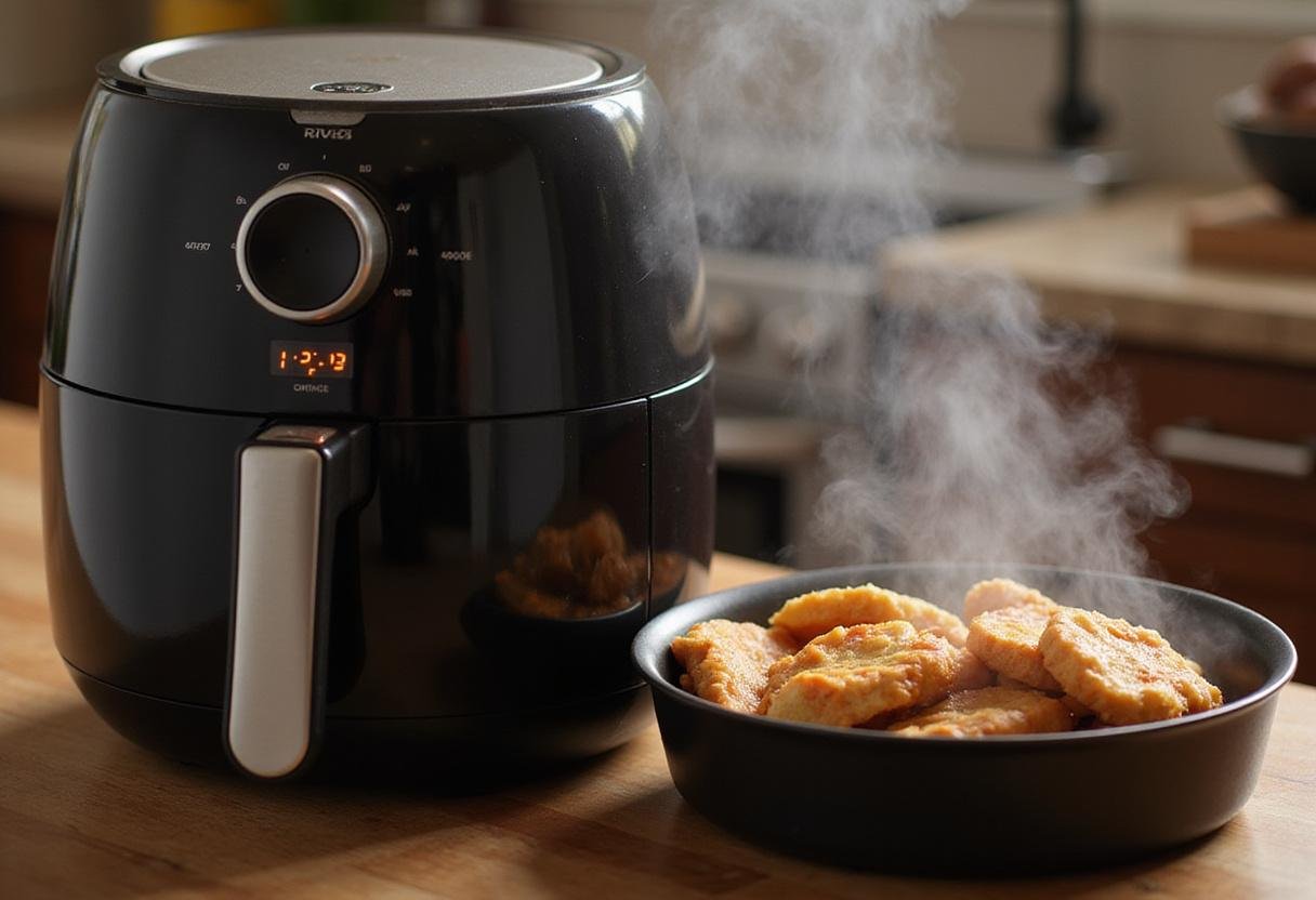 Air fryer in action, cooking boneless skinless chicken thighs to perfection with steam for a delicious meal.