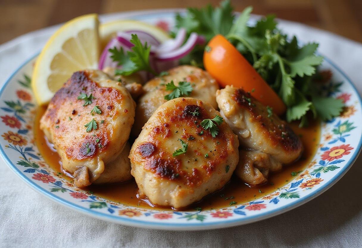 Succulent golden-brown boneless skinless chicken thighs served with fresh vegetables for a flavorful air fryer dish.