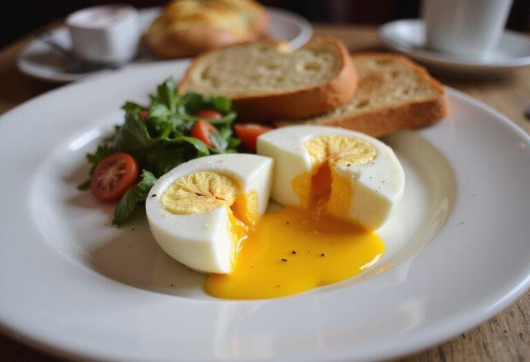 Deliciously served air fryer soft boiled eggs with a runny yolk, perfect for breakfast, displayed on a table with toast.
