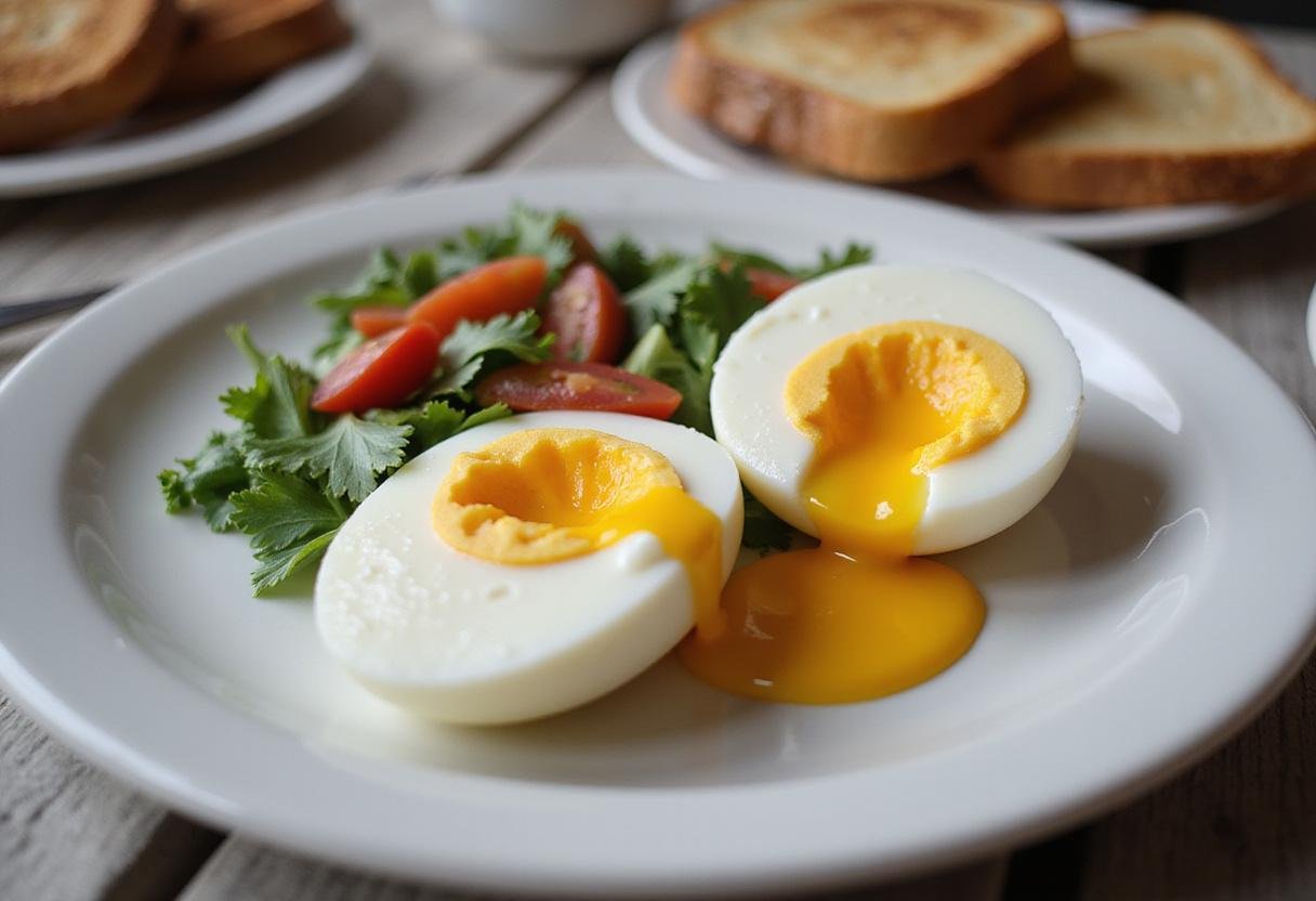 Deliciously served air fryer soft boiled eggs with a runny yolk, perfect for breakfast, displayed on a table with toast.