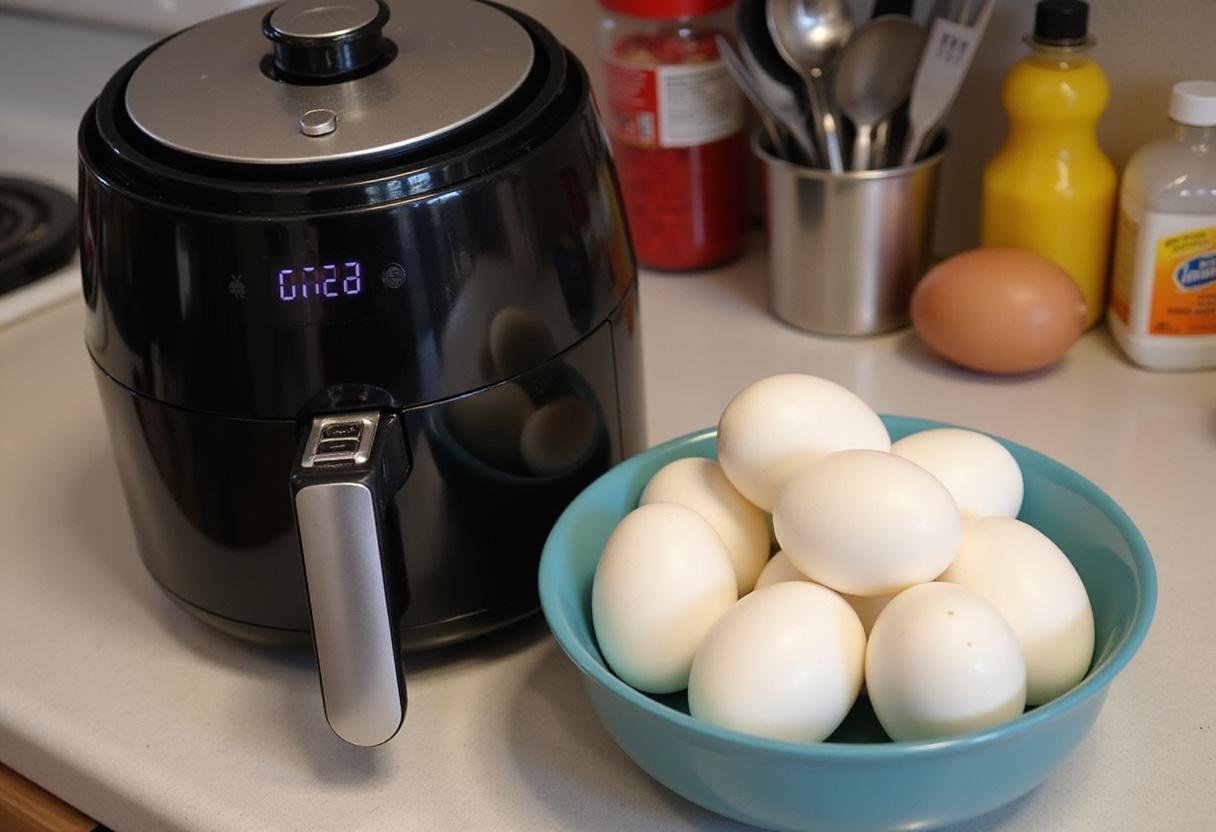 Preparing to make air fryer soft boiled eggs with fresh eggs and an air fryer on the countertop.