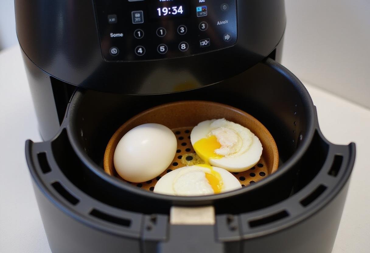 Cooking soft boiled eggs in an air fryer, showing eggs in the basket and timer set for perfect boiling.