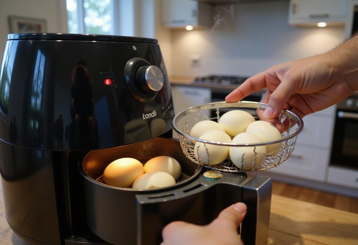 Revealing the final cooking stage of soft boiled eggs in an air fryer, showing perfectly cooked eggs and steam from the basket.