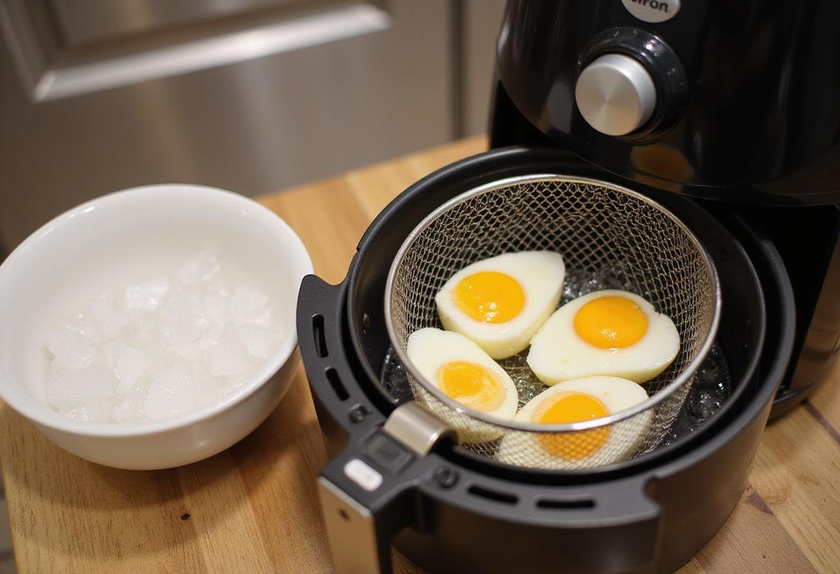 Cooling soft boiled eggs in ice water after cooking in an air fryer, showcasing the crucial process for perfect texture.