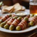 Final presentation of enticing pickle wraps with bacon, served with a flavorful pickle wrap dip, perfect for appetizers or party snacks.