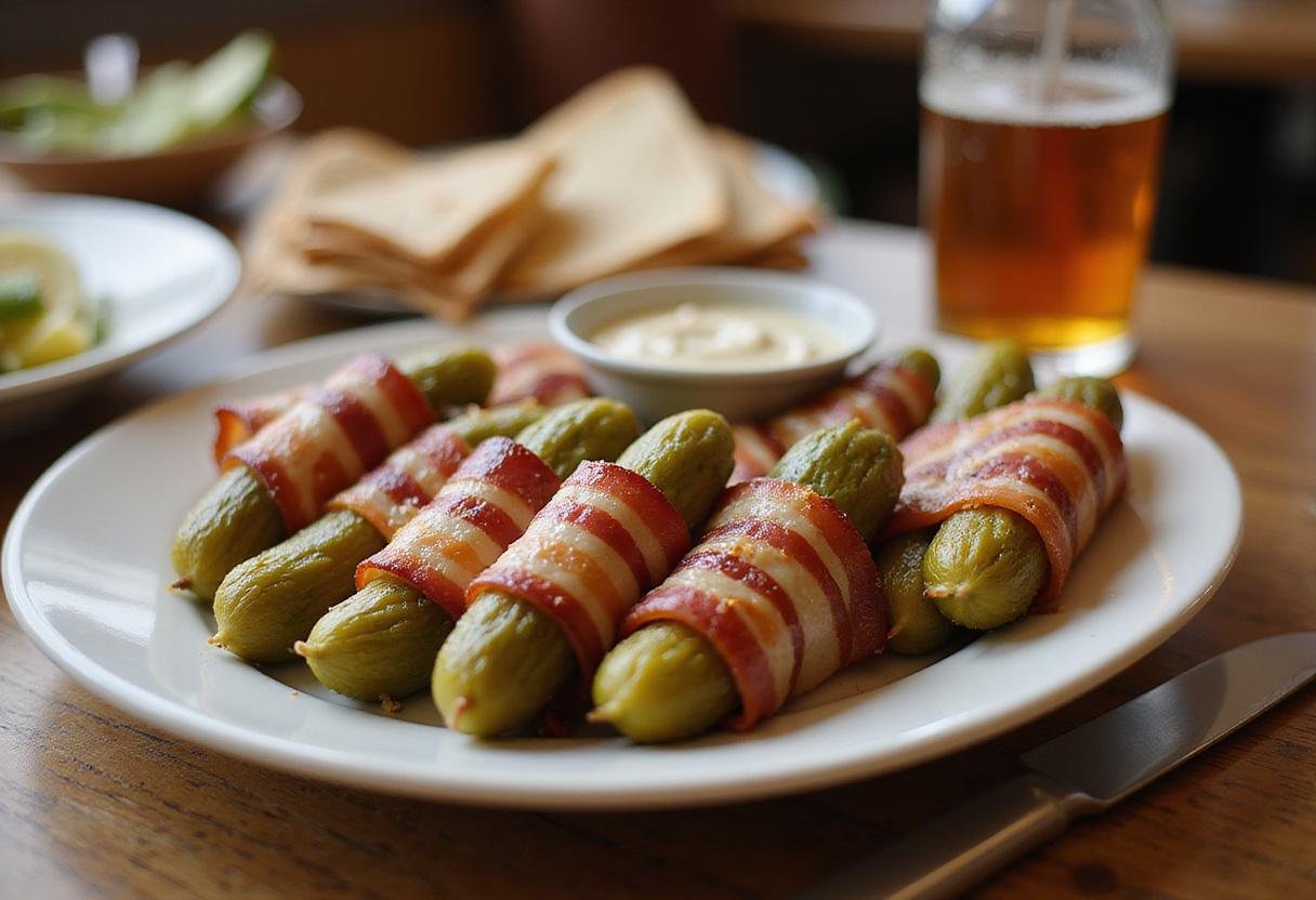 Final presentation of enticing pickle wraps with bacon, served with a flavorful pickle wrap dip, perfect for appetizers or party snacks.