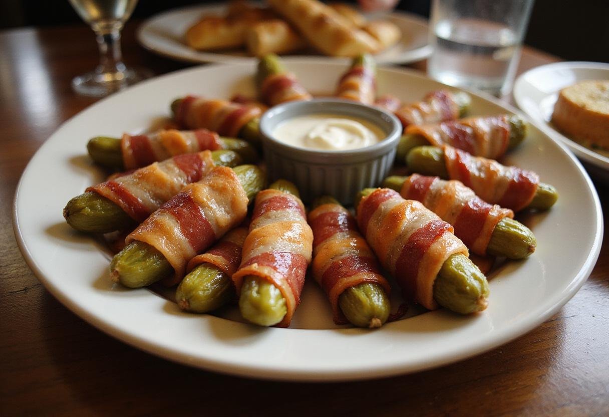 Final presentation of enticing pickle wraps with bacon, served with a flavorful pickle wrap dip, perfect for appetizers or party snacks.
