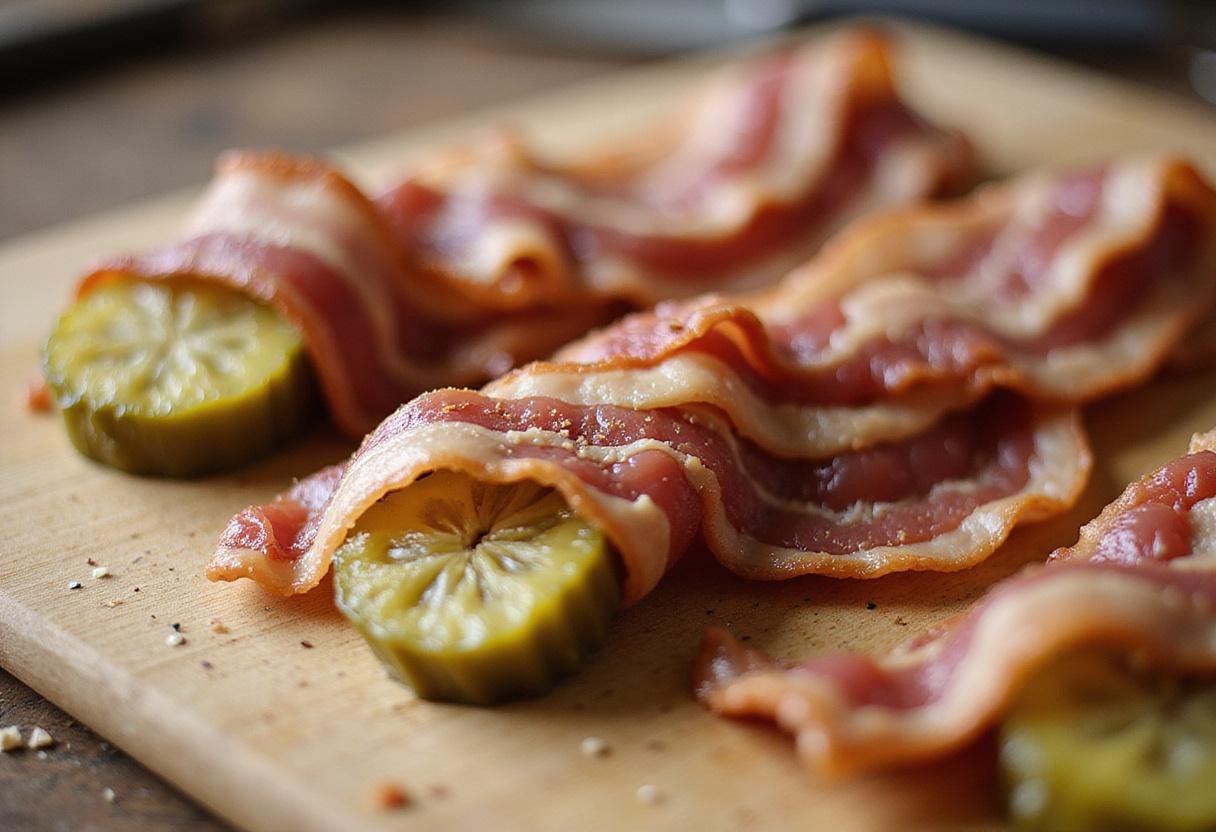 Preparation of pickle wraps with crispy bacon on a wooden cutting board, highlighting the ingredients for bacon wrapped pickles.