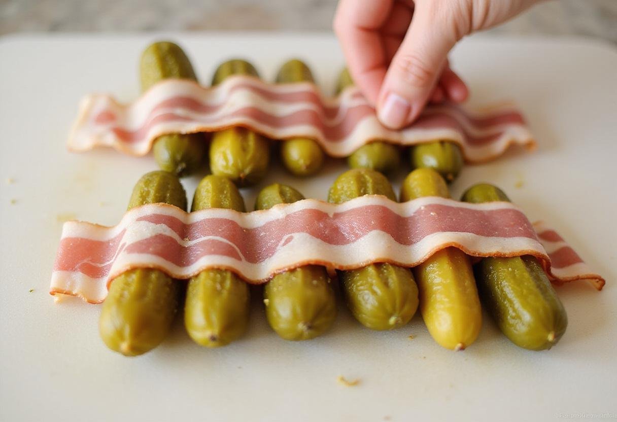 Dill pickle wraps being made with bacon, showcasing the process of wrapping bacon around pickles for delicious bacon wrapped pickles.
