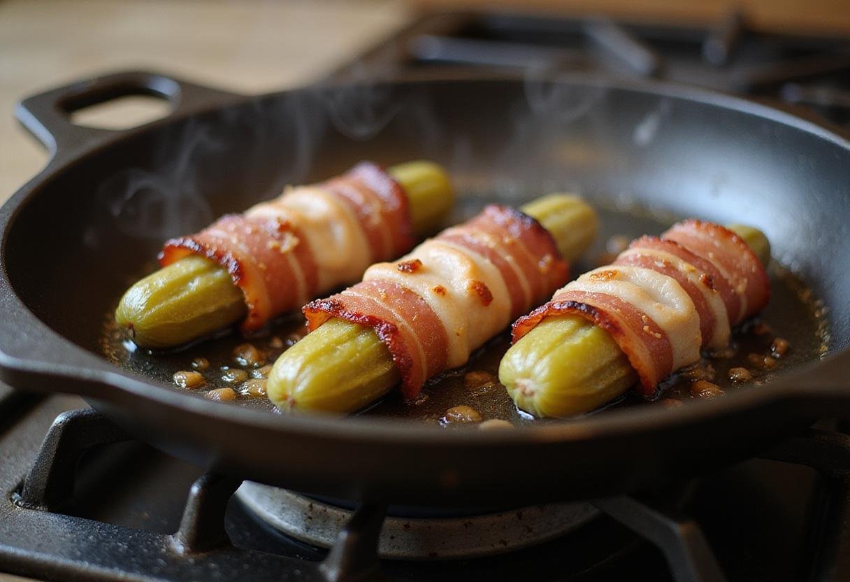 Cooking bacon wrapped dill pickles in a skillet, highlighting the golden glossy texture of the bacon and the delicious aroma of the pickle wrap recipes.