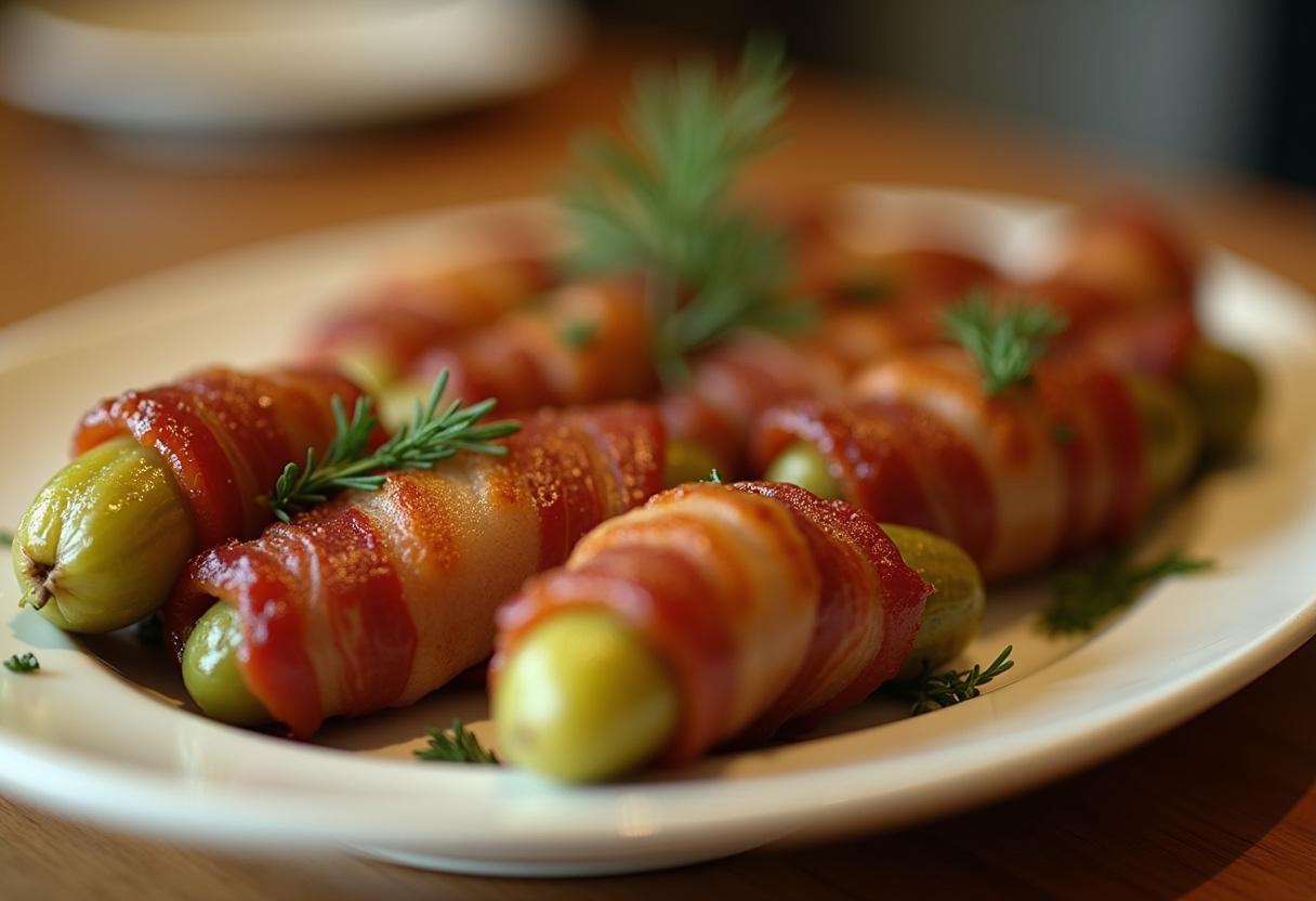 Serving suggestion of delicious bacon wrapped pickles on a plate, perfectly arranged as part of an appealing pickle wrap dip presentation.
