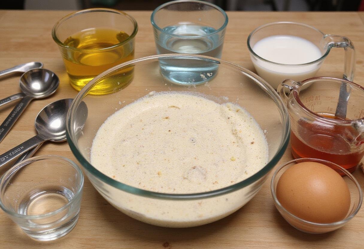 Ingredients for pound cake using cake mix displayed on kitchen table including cake mix, eggs, oil and water.