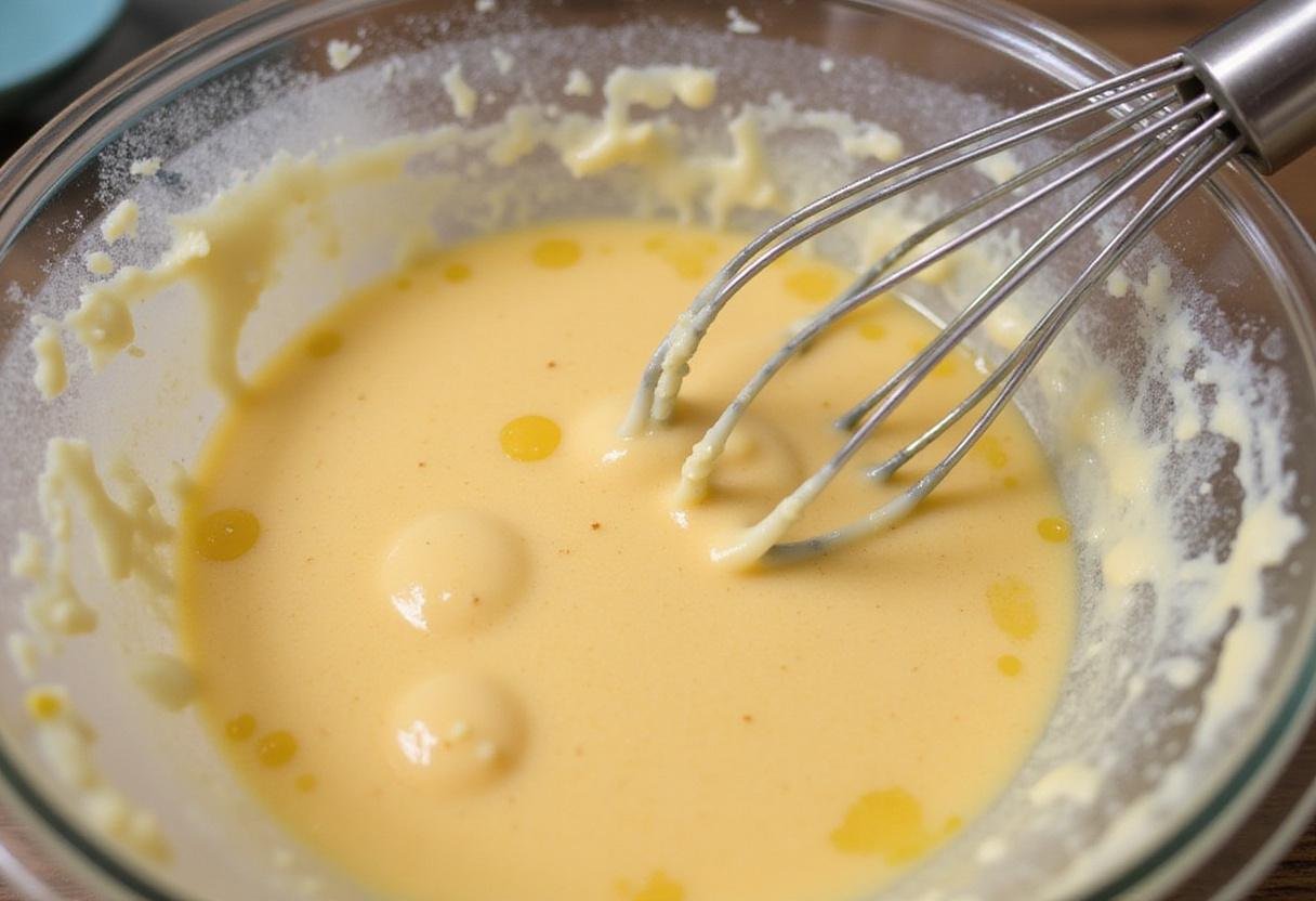 Mixing process of pound cake using cake mix in a large bowl, highlighting the smooth batter and blending ingredients.