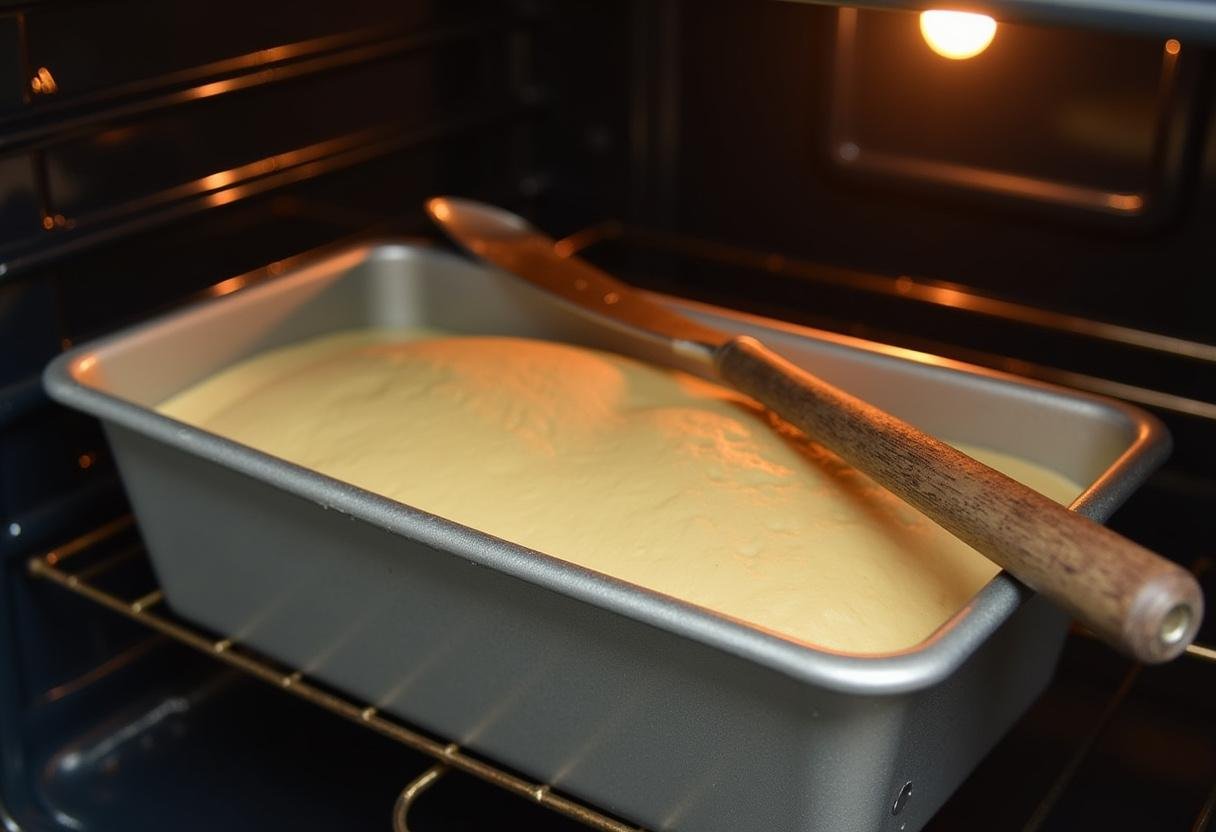 Loaf pan filled with mixture for pound cake made from cake mix, preparing to bake in the oven.