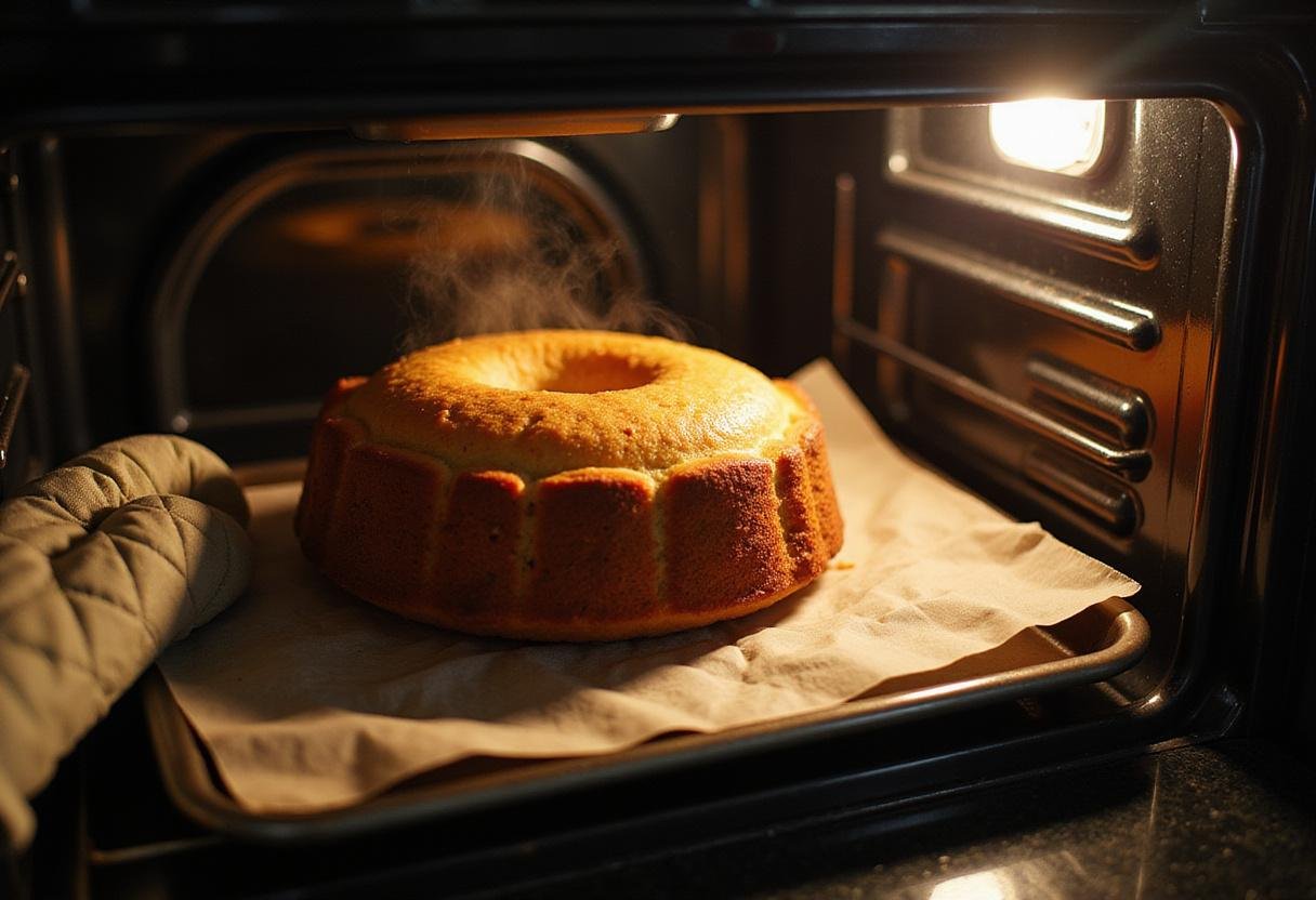 Freshly baked pound cake using cake mix being removed from the oven, showcasing a golden brown texture.