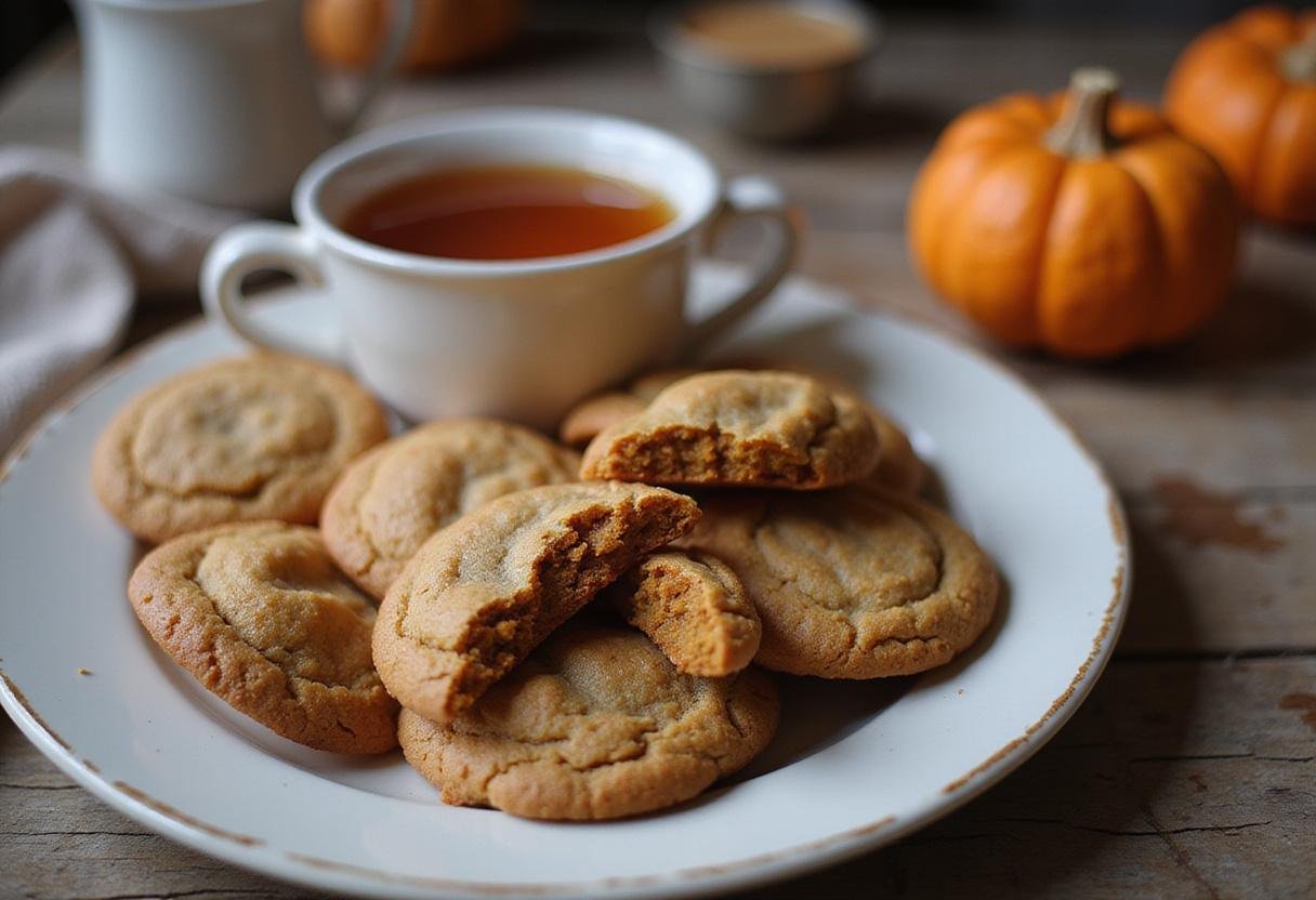 Final presentation of pumpkin spice cookies on a rustic table, showcasing the delicious pumpkin spice cookie recipe.