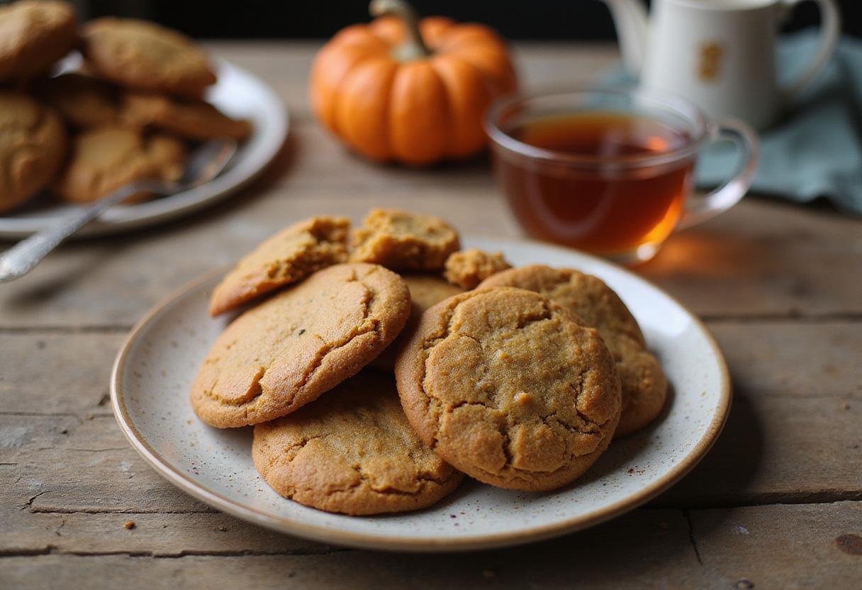 Final presentation of pumpkin spice cookies on a rustic table, showcasing the delicious pumpkin spice cookie recipe.
