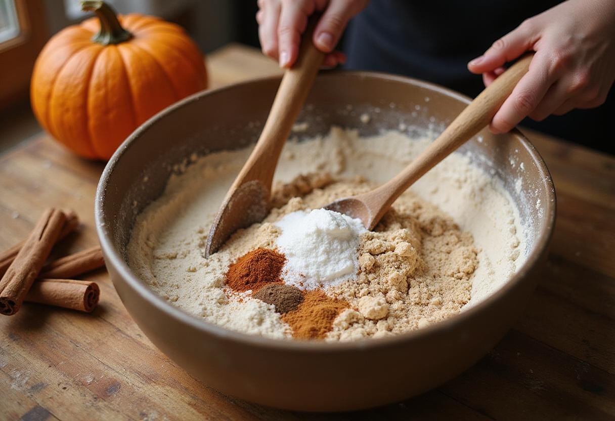 Mixing ingredients for pumpkin spice cookies in a cozy kitchen, showcasing the pumpkin spice cookie recipe process.