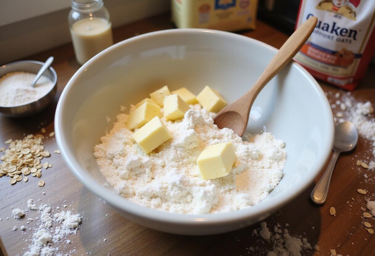 Preparation of Quaker oatmeal cookies with butter and sugar in a mixing bowl, showcasing key ingredients for a classic Quaker oats recipe.