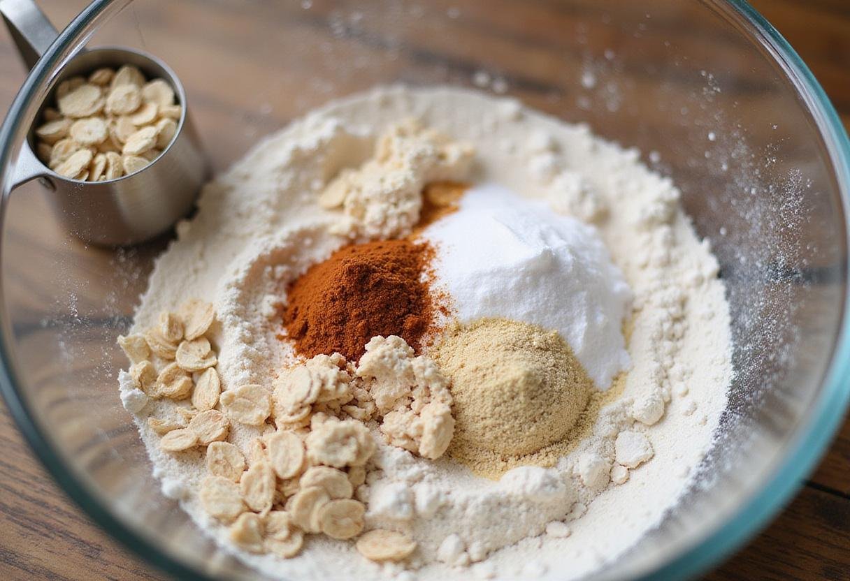 Ingredients being mixed for Quaker oatmeal cookie recipe, highlighting flour and Quaker oats as essential components of these delicious cookies.