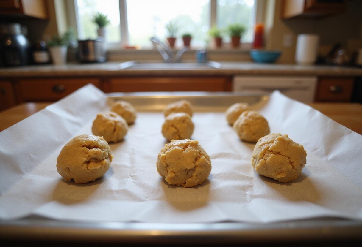 Cookie dough being ready for baking on a sheet, depicting the process of making Quaker oats oatmeal cookies in a cozy kitchen.