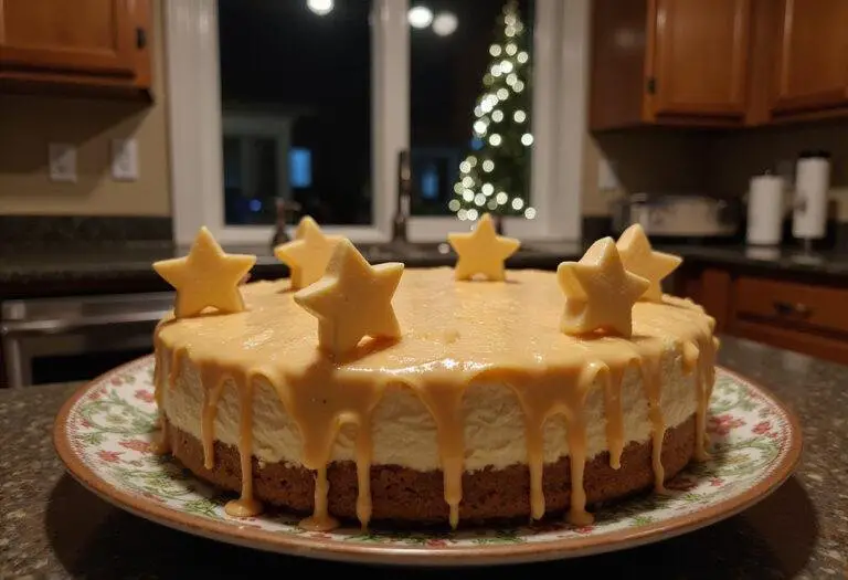Finished Ravenclaw Butterbeer Vanilla Cheesecake with a starry glaze, showcasing the enchanting dessert experience.
