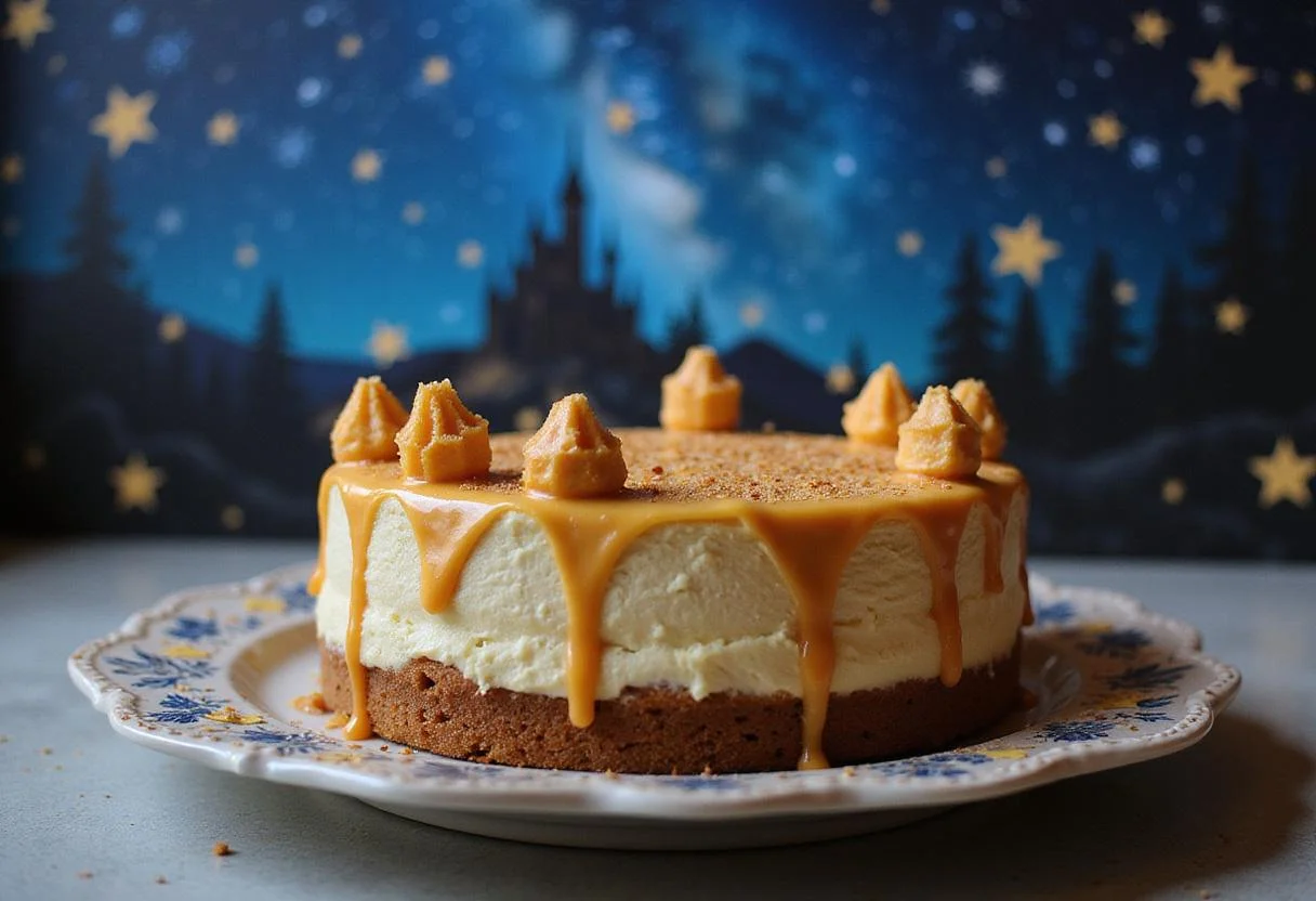 Finished Ravenclaw Butterbeer Vanilla Cheesecake with a starry glaze, showcasing the enchanting dessert experience.