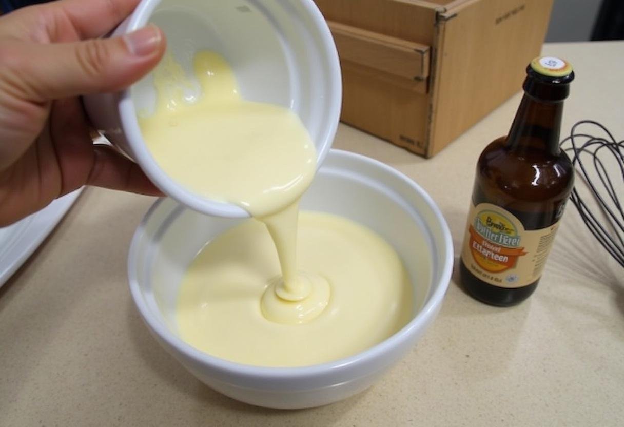 Butterbeer Cheesecake preparation step with heavy cream and flavoring for a delicious vanilla cheesecake.