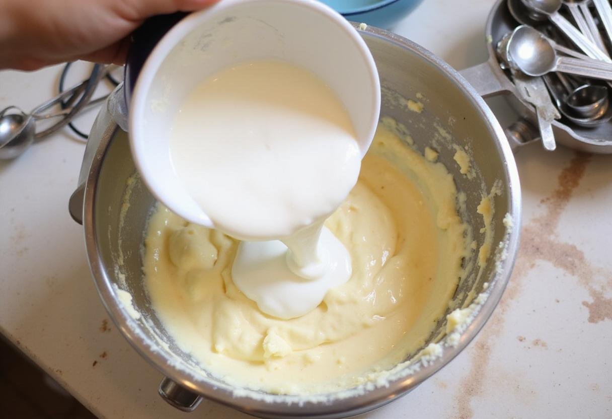 Creating a fluffy texture for Ravenclaw Butterbeer Vanilla Cheesecake by folding whipped cream into the batter.
