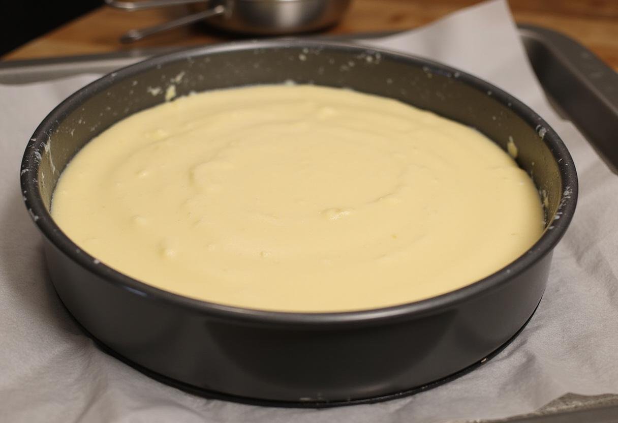 Preparing the Butterbeer Cheesecake by placing the cheesecake batter in a springform pan for baking.